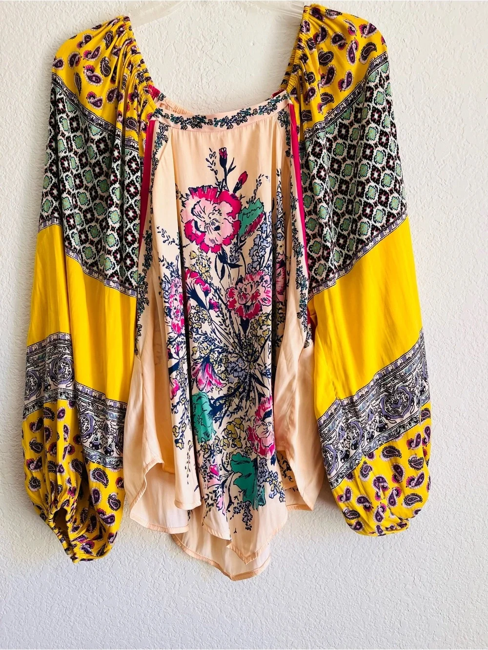 Free People Yellow Flowey Floral Mixed-Print Handkerchief Hem Blouse Size XS
